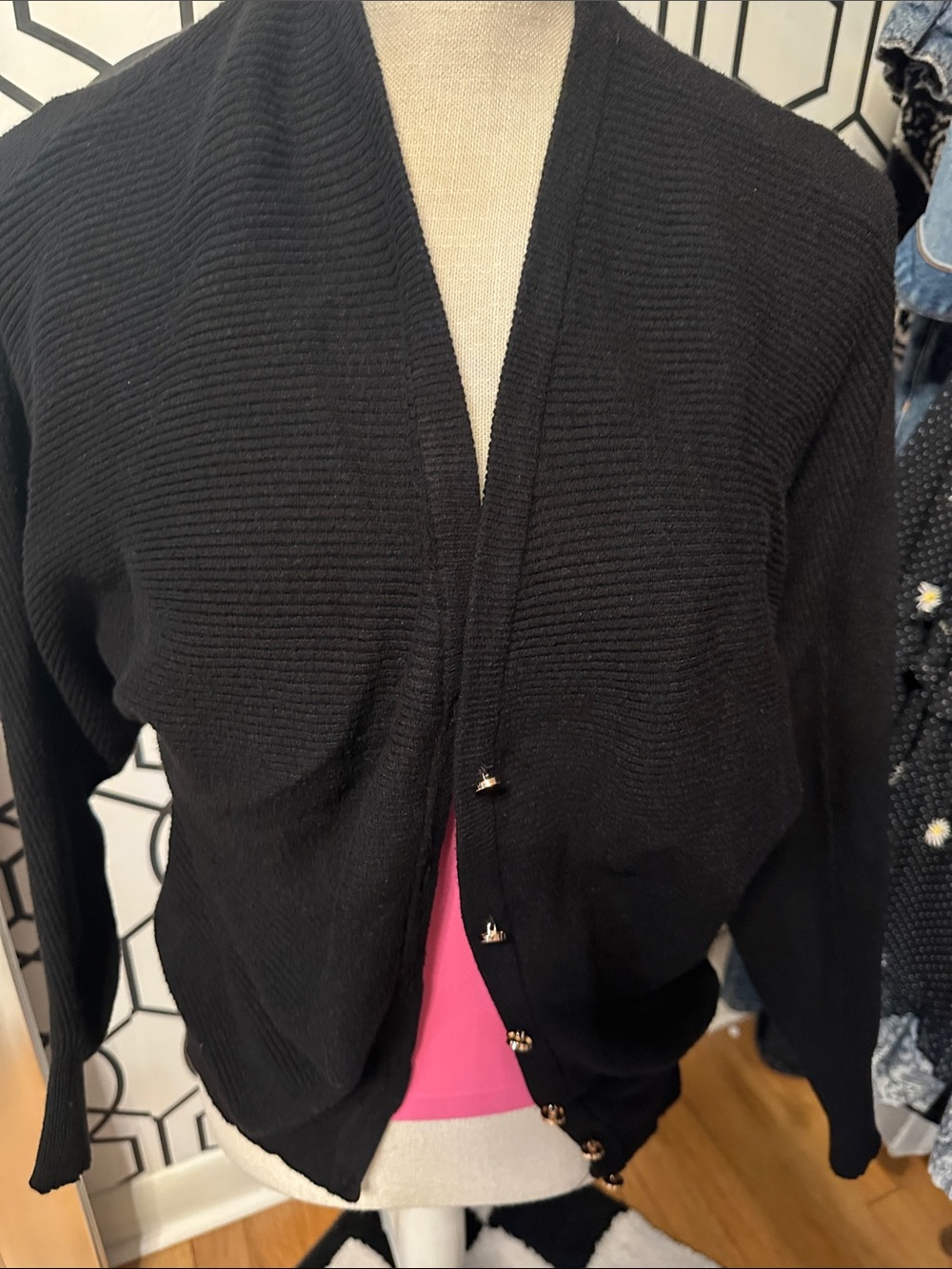 Philosophy Classic Black Ribbed gold Button Cardigan